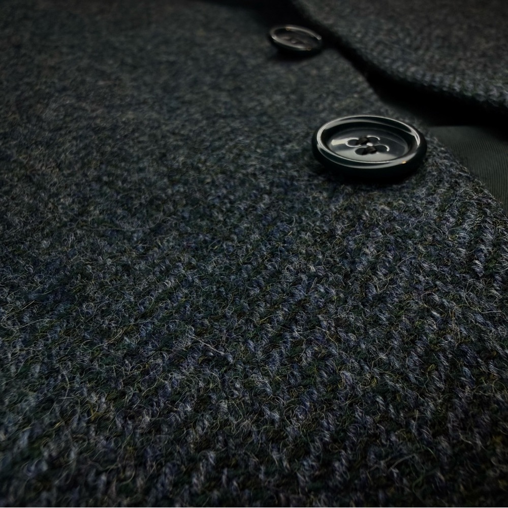 42T Herringbone Tweed Blue Black Sport Coat Wool Blazer Vintage Mens Jacket